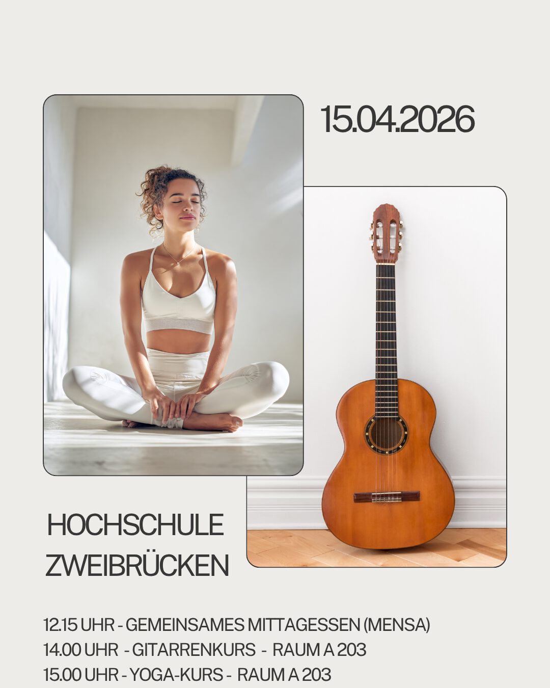 Gemeinsames Mittagessen, Yoga-Kurs, Gitarrenkurs